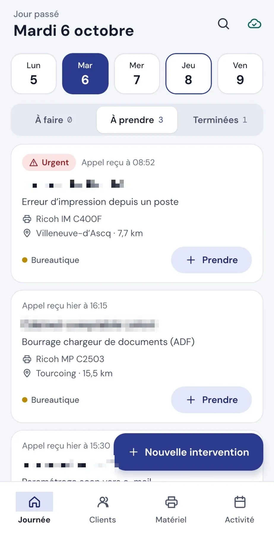 Nouvelle application : planning de la semaine, onglets, intervention urgente, bouton Prendre