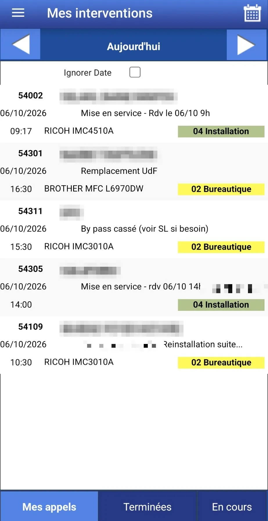 Ancienne application WinDev Mobile : liste des interventions du jour