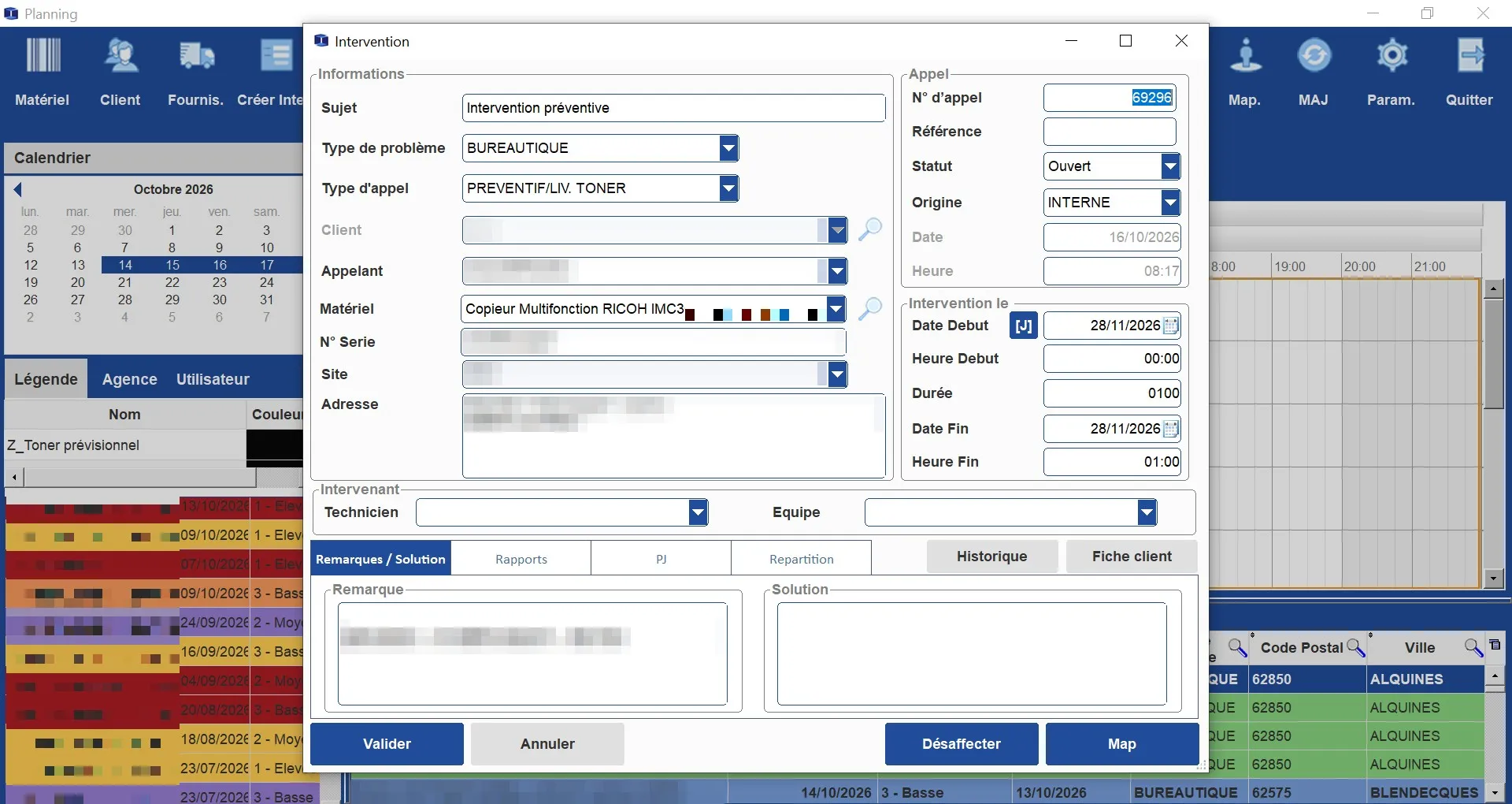 Ancienne application WinDev de planning des interventions